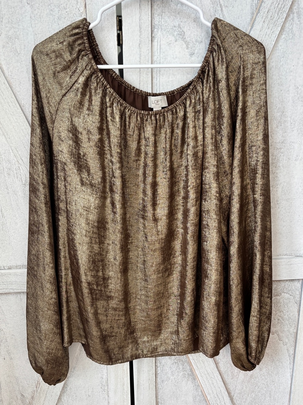 LOFT Metallic Crinkle Top Womens XL Gold Bronze Pleated Balloon Sleeve Going Out - Picture 3 of 7